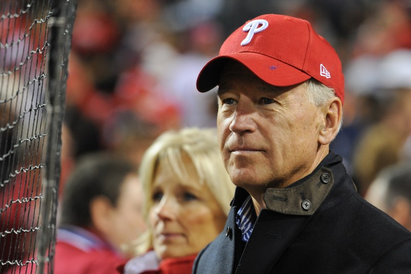 PHILADELPHIA - OCTOBER 16:  Joe Biden, Vice President of the United States of America, is seen during pre-game introductions prior to Game One of the National League Championship Series between the San Francisco Giants and the Philadelphia Phillies at Citizens Bank Park in Philadelphia, Pennsylvania on October 16, 2010.  The Giants defeated the Phillies 4-3.  (Photo by Rich Pilling/MLB Photos via Getty Images) *** Local Caption *** Joe Biden