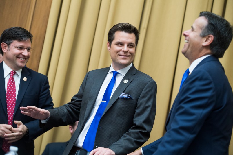 UNITED STATES - MAY 8: From left, Reps. Mike Johnson, R-La., Matt Gaetz, R-Fla., and John Ratcliffe, R-Texas, are seen during a House Judiciary Committee markup in Rayburn Building on Wednesday, May 8, 2019, to vote on whether to hold Attorney General William Barr in contempt of Congress for refusing to turn over the unredacted Mueller report to the committee. (Photo By Tom Williams/CQ Roll Call)