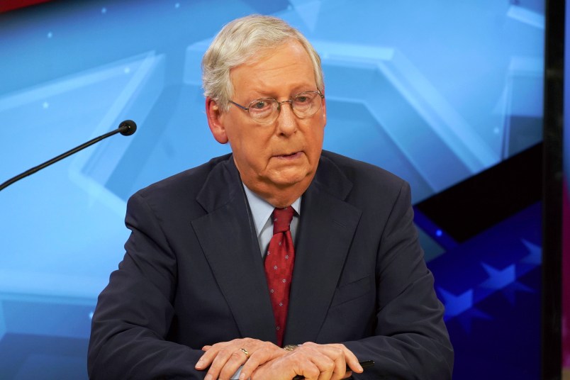 Senate Majority Leader Mitch McConnell, R-Ky., speaks during a debate with Democratic challenger Amy McGrath in Lexington, Ky., Monday, Oct. 12, 2020. (Michael Clubb/The Kentucky Kernel via AP, Pool)