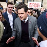 CHEYENNE, WY - JANUARY 28: Rep. Matt Gaetz (R-FL) greets supporters after speaking to a crowd during a rally against Rep. Liz Cheney (R-WY) on January 28, 2021 in Cheyenne, Wyoming. Gaetz added his voice to a growing effort to vote Cheney out of office after she voted in favor of impeaching Donald Trump. (Photo by Michael Ciaglo/Getty Images)