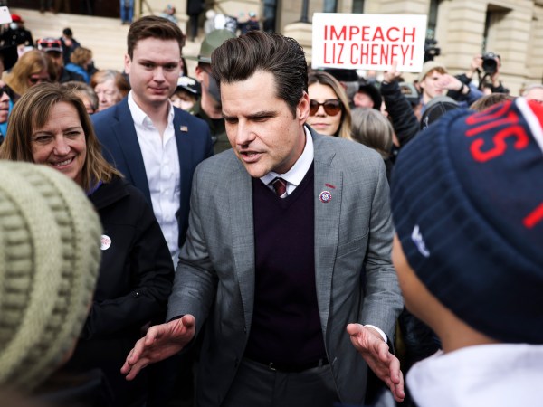 CHEYENNE, WY - JANUARY 28: Rep. Matt Gaetz (R-FL) greets supporters after speaking to a crowd during a rally against Rep. Liz Cheney (R-WY) on January 28, 2021 in Cheyenne, Wyoming. Gaetz added his voice to a growing effort to vote Cheney out of office after she voted in favor of impeaching Donald Trump. (Photo by Michael Ciaglo/Getty Images)