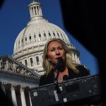 WASHINGTON, DC - FEBRUARY 5: Rep. Marjorie Taylor Greene (R-GA) speaks during a press conference outside the U.S. Capitol on February 5, 2021 in Washington, DC. The House voted 230 to 199 on Friday evening to remove Rep. Marjorie Taylor Greene (R-GA) from committee assignments over her remarks about QAnon and other conspiracy theories. (Photo by Drew Angerer/Getty Images)