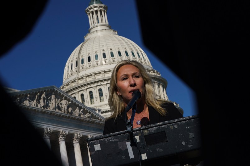 WASHINGTON, DC - FEBRUARY 5: Rep. Marjorie Taylor Greene (R-GA) speaks during a press conference outside the U.S. Capitol on February 5, 2021 in Washington, DC. The House voted 230 to 199 on Friday evening to remove Rep. Marjorie Taylor Greene (R-GA) from committee assignments over her remarks about QAnon and other conspiracy theories. (Photo by Drew Angerer/Getty Images)