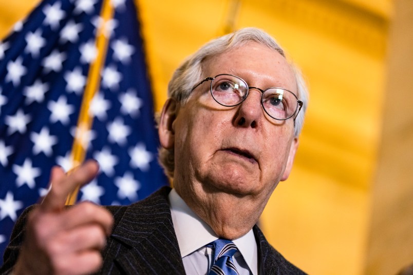 WASHINGTON, DC - MARCH 02: Senate Minority Leader Mitch McConnell (R-KY) holds a press conference following the Senate GOP policy luncheon in the Rayburn Senate Office Building on Capitol Hill on March 2, 2021 in Washington, DC. (Photo by Samuel Corum/Getty Images) *** Local Caption *** Mitch McConnell