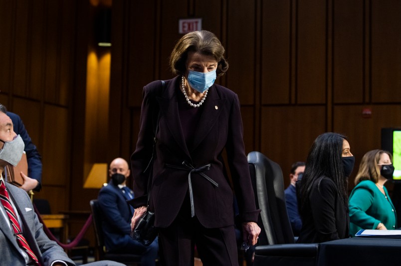 UNITED STATES - MARCH 09: Sen. Dianne Feinstein, D-Calif., arrives for the Senate Judiciary Committee confirmation hearing for Lisa Monaco, far right, nominee for deputy attorney general, and Vanita Gupta, nominee for associate  attorney general, in Hart Building on Tuesday, March 9, 2021.  (Photo By Tom Williams/CQ Roll Call)