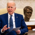 President Joe Biden and Vice President Kamala Harris during a meeting with the Congressional Asian Pacific American Caucus Executive Committee in the Oval Office, Thursday, April, 15, 2021.  (Photo by Doug Mills/The New York Times)