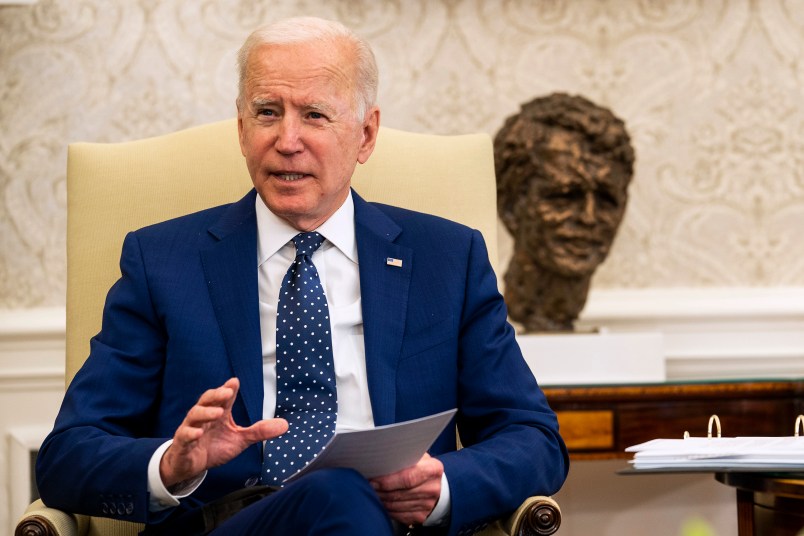 President Joe Biden and Vice President Kamala Harris during a meeting with the Congressional Asian Pacific American Caucus Executive Committee in the Oval Office, Thursday, April, 15, 2021.  (Photo by Doug Mills/The New York Times)