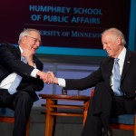 UNITED STATES - OCTOBER 20: Vice President Joe Biden, right, and former Vice President Walter Mondale attend a discussion as part of a tribute to Mondale at George Washington University's Jack Morton Auditorium, October 20 2015. The event was part of day long series of talks about policy and the vice presidency hosted by GW and the University of Minnesota's Humphrey School of Public Affairs. (Photo By Tom Williams/CQ Roll Call)