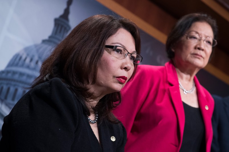 UNITED STATES - JANUARY 12: Rep. Tammy Duckworth, D-Ill., and Sen. Mazie Hirono, D-Hawaii, attend a news conference in the Capitol to oppose the nomination of attorney general nominee Sen. Jeff Sessions, R-Ala., January 12, 2017. (Photo By Tom Williams/CQ Roll Call)