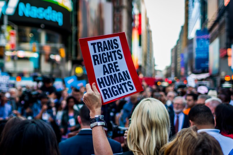 TIMES SQUARE NYC, NEW YORK CITY, NEW YORK, UNITED STATES - 2017/07/26: On July 26, 2017, after a series of tweets by President Donald Trump, which proposed to ban transgender people from military service, thousands of New Yorkers took the streets of in opposition.  Thousands of transgender soldiers are currently serving in all branches of the United States Armed forces. (Photo by Michael Nigro/Pacific Press/LightRocket via Getty Images)