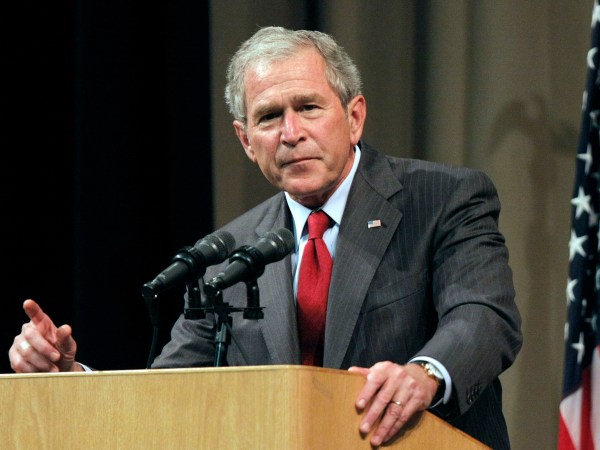BENTON HARBOR, MI - MAY 28: Former President George W. Bush speaks at the Economic Club of Southwestern Michigan May 28, 2009 in Benton Harbor, Michigan. Bush was to discuss his presidency and life, as well as the economy and world events in his first speech since leaving office. (Photo by Bill Pugliano/Getty Images)