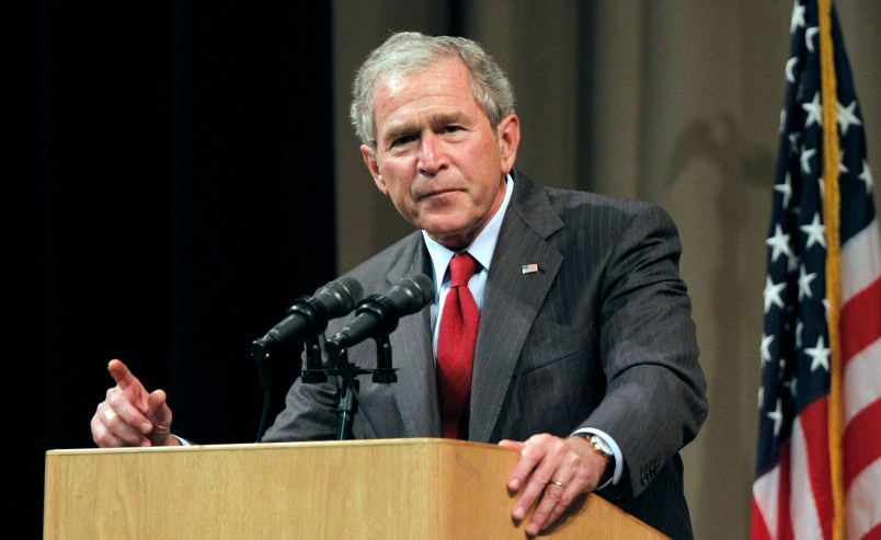 BENTON HARBOR, MI - MAY 28: Former President George W. Bush speaks at the Economic Club of Southwestern Michigan May 28, 2009 in Benton Harbor, Michigan. Bush was to discuss his presidency and life, as well as the economy and world events in his first speech since leaving office. (Photo by Bill Pugliano/Getty Images)