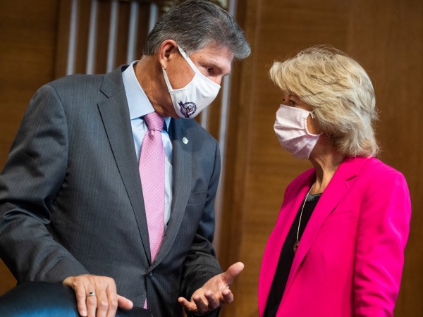 UNITED STATES - SEPTEMBER 16: Chairman Lisa Murkowski, R-Alaska, and ranking member Sen. Joe Manchin, D-W. Va., arrive for the Senate Energy and Natural Resources Committee confirmation hearing in Dirksen Building for Mark C. Christie and Allison Clements, nominees to be members of the Federal Energy Regulatory Commission, on Wednesday, September 16, 2020. (Photo By Tom Williams/CQ Roll Call)