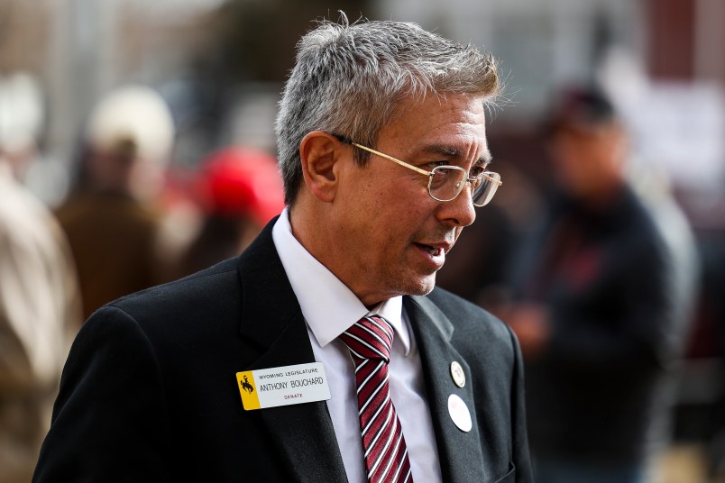 CHEYENNE, WY - JANUARY 28: Wyoming state Sen. Anthony Bouchard, R-Cheyenne, who is challenging Rep. Liz Cheney (R-WY) in the primary race, speaks to supporters after a rally against Cheney on January 28, 2021 in Cheyenne, Wyoming. Rep. Matt Gaetz (R-FL) traveled to Cheyenne to add his voice to a growing effort to vote Cheney out of office after she voted in favor of impeaching Donald Trump. (Photo by Michael Ciaglo/Getty Images)