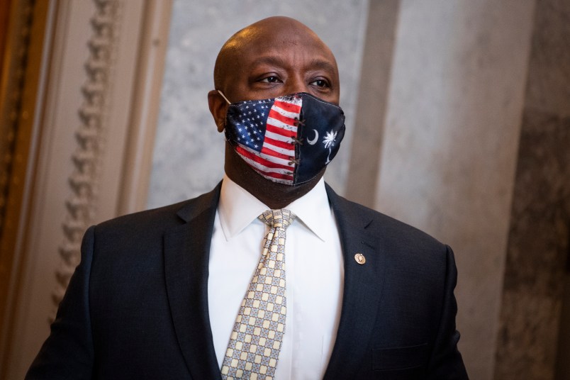 UNITED STATES - MARCH 04: Sen. Tim Scott, R-S.C., is seen outside the chamber as the Senate votes to open debate on the coronavirus relief package on Thursday, March 4, 2021. (Photo By Tom Williams/CQ Roll Call)