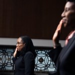 UNITED STATES - APRIL 28: Ketanji Brown Jackson, left, nominee to be U.S. Circuit Judge for the District of Columbia Circuit, and Candace Jackson-Akiwumi, nominee to be U.S. Circuit Judge for the Seventh Circuit, are sworn in during their Senate Judiciary Committee confirmation hearing in Dirksen Senate Office Building in Washington, D.C., on Wednesday, April 28, 2021. (Photo By Tom Williams/CQ Roll Call/POOL)