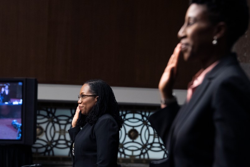 UNITED STATES - APRIL 28: Ketanji Brown Jackson, left, nominee to be U.S. Circuit Judge for the District of Columbia Circuit, and Candace Jackson-Akiwumi, nominee to be U.S. Circuit Judge for the Seventh Circuit, are sworn in during their Senate Judiciary Committee confirmation hearing in Dirksen Senate Office Building in Washington, D.C., on Wednesday, April 28, 2021. (Photo By Tom Williams/CQ Roll Call/POOL)