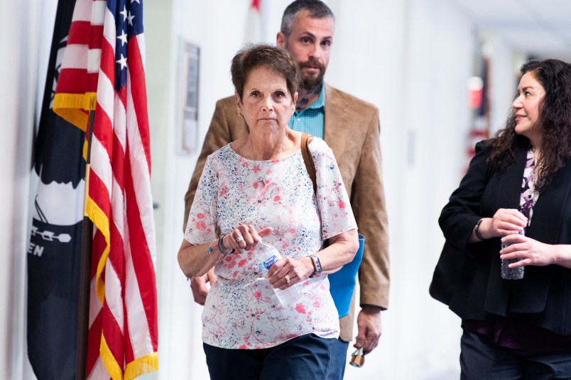 UNITED STATES - MAY 27: Gladys Sicknick, center, the mother of late Capitol Police Officer Brian Sicknick, D.C. Metropolitan Police Department Officer Michael Fanone,  and Sandra Garza, the companion of the late officer arrive to a meeting with Sen. Ron Johnson, R-Wis., to urge Republican senators to support a bipartisan commission to investigate the January 6th attack on the Capitol, in Hart Building on Thursday, May 27, 2021. Sicknick died of two strokes after a day after defending the Capitol from rioters. (Photo By Tom Williams/CQ Roll Call)