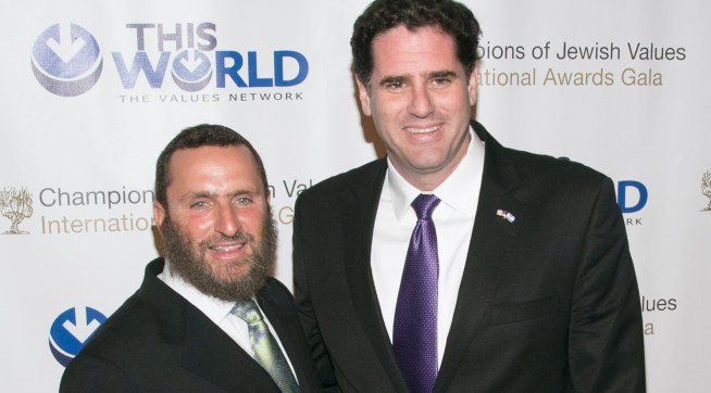 NEW YORK, NY - MAY 18:  Rabbi Shmuley Boteach and Israel Ambassador Ron Dermer attend the Champions Of Jewish Values international gala at Cipriani 42nd Street on May 18, 2014 in New York City.  (Photo by J Carter Rinaldi/FilmMagic)