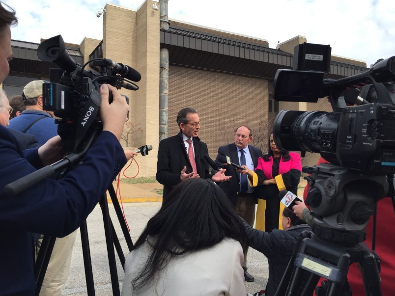 Attorney Albert Watkins, who represents the man who released stunning audio concerning Gov. Eric Greitens, speaks with reporters outside the Jefferson City Police Department on March 9, 2018. (Jack Suntrup/St. Louis Post-Dispatch/TNS)