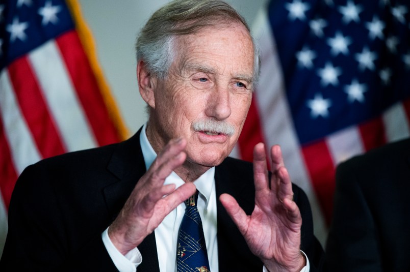 UNITED STATES - APRIL 27: Sen. Angus King, I-Maine,  conducts a news conference after the Democratic Senate Policy luncheon in Hart Building on Tuesday, April 27, 2021. (Photo By Tom Williams/CQ Roll Call)