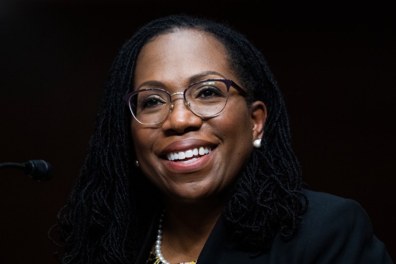 UNITED STATES - APRIL 28: Ketanji Brown Jackson, nominee to be U.S. Circuit Judge for the District of Columbia Circuit, testifies during her Senate Judiciary Committee confirmation hearing in Dirksen Senate Office Building in Washington, D.C., on Wednesday, April 28, 2021. Candace Jackson-Akiwumi, nominee to be U.S. Circuit Judge for the Seventh Circuit, also testified. (Photo By Tom Williams/CQ Roll Call/POOL)