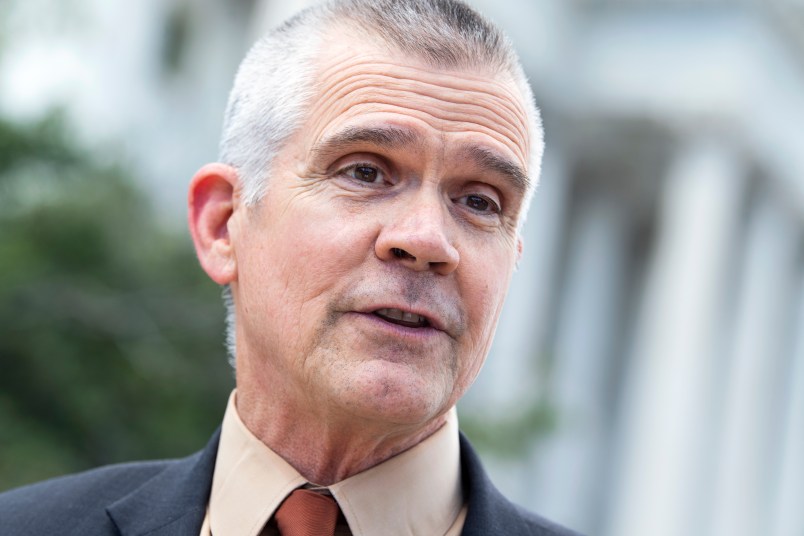 UNITED STATES - MAY 13: Rep. Matt Rosendale, R-Mont., talks with reporters at the House steps of the Capitol on Thursday, May 13, 2021. (Photo By Tom Williams/CQ Roll Call)