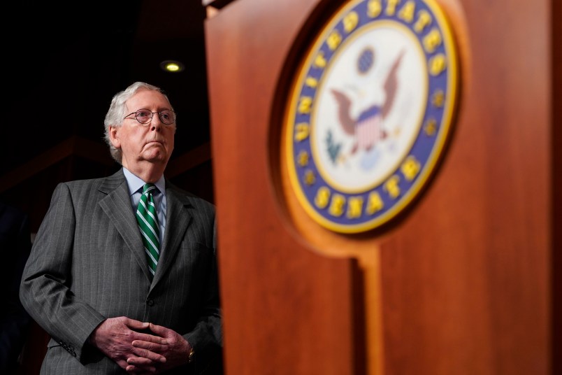 WASHINGTON, DC - JUNE 17: Senate Minority Leader Mitch McConnell (R-KY) listens to Republican senators speaks about their opposition to S. 1, the "For The People Act" on June 17, 2021 in Washington, DC. Republican are calling the proposed legislation, which  is intended to expand voting rights and reform campaign finance, a federal take over of elections and unconstitutional. (Photo by Joshua Roberts/Getty Images)