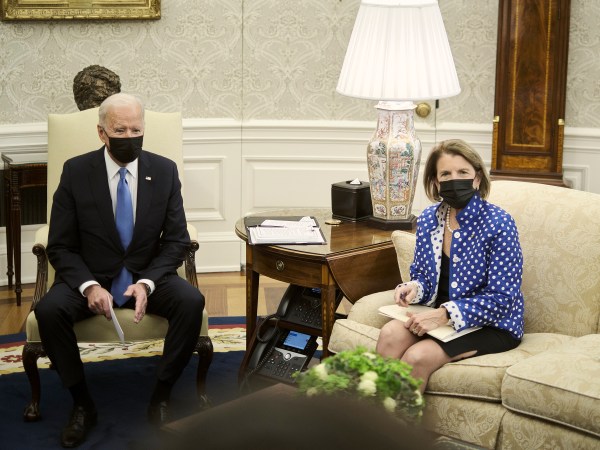 WASHINGTON, DC - MAY 13, 2021: President Joe Biden makes a brief statement to the press during a meeting with a group of republican senators, including Sen. Shelley Capito (R-WV), right, to discuss the administration’s infrastructure plan, in the Oval Office at the White House in Washington, D.C., on May 13, 2021. CREDIT: T.J. Kirkpatrick for The New York Times