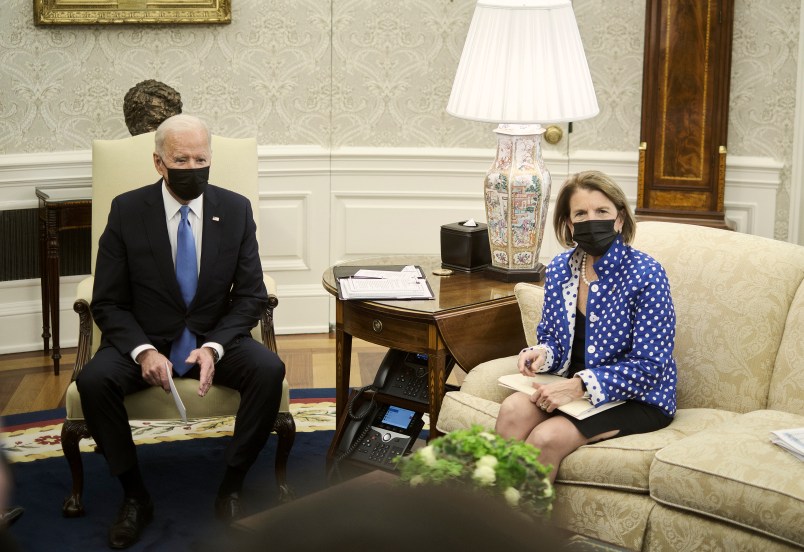 WASHINGTON, DC - MAY 13, 2021: President Joe Biden makes a brief statement to the press during a meeting with a group of republican senators, including Sen. Shelley Capito (R-WV), right, to discuss the administration’s infrastructure plan, in the Oval Office at the White House in Washington, D.C., on May 13, 2021. CREDIT: T.J. Kirkpatrick for The New York Times