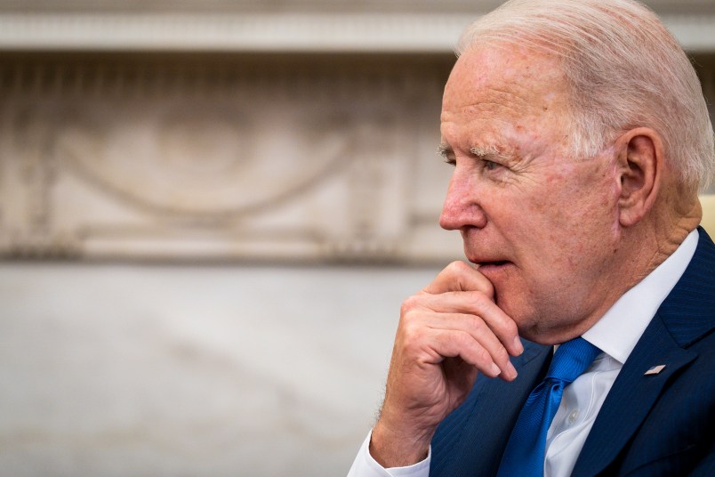 President Joe Biden listens as His Excellency Mohammad Ashraf Ghani, President of the Islamic Republic of Afghanistan makes a statement to the press in the Oval Office at the White House in Washington, D.C., on Friday, June 25, 2021.  (photo by Pete Marovich for The New York Times)