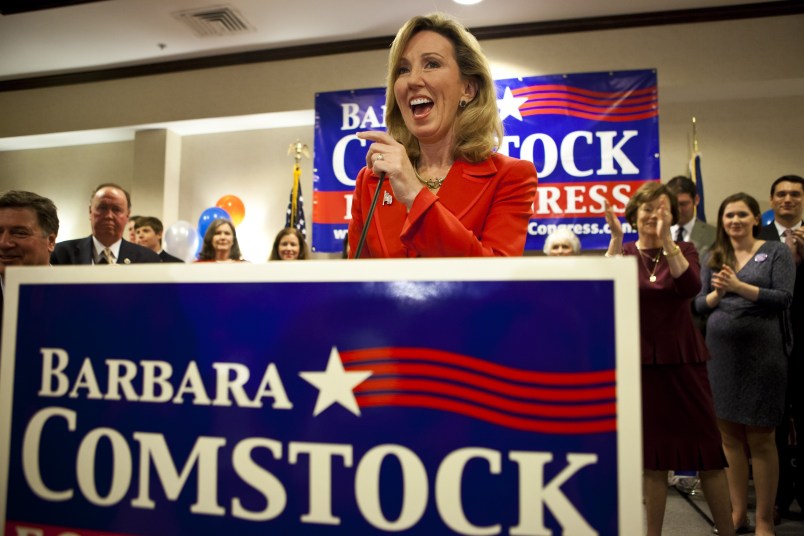 VIRGINIA, UNITED STATES - NOVEMBER 4:  Congressional Candidate Barbara Comstock speaks to her supporters after her win at her victory party in Ashburn, Virginia on November 4, 2014. (Photo by Samuel Corum/Anadolu Agency/Getty Images)