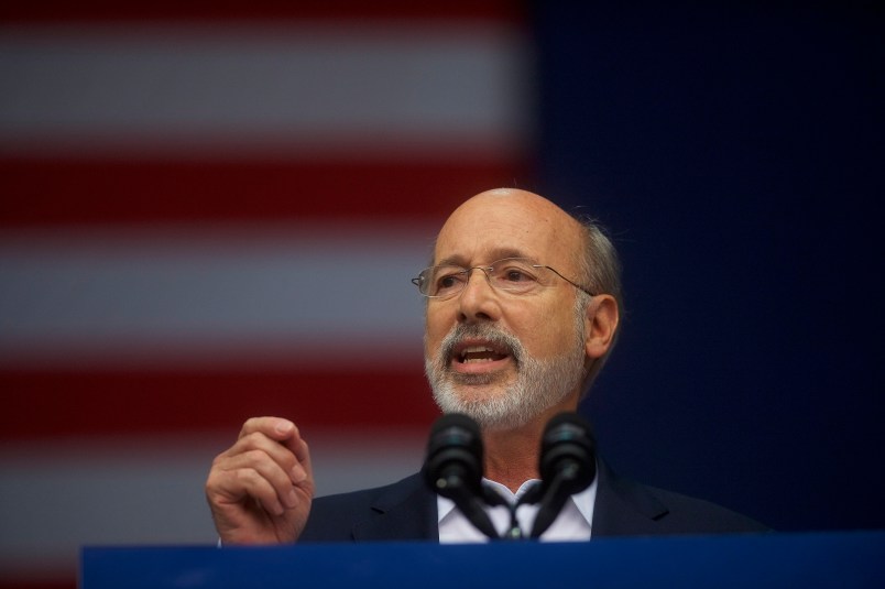 PHILADELPHIA, PA - SEPTEMBER 21:  Pennsylvania Governor Tom Wolf speaks before former President Barack Obama during a campaign rally for statewide Democratic candidates on September 21, 2018 in Philadelphia, Pennsylvania.  Midterm election day is November 6th.  (Photo by Mark Makela/Getty Images)