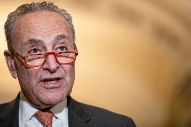 WASHINGTON, DC - MARCH 10: Senate Minority Leader Chuck Schumer (D-NY) talks to reporters following the Senate Democrats weekly policy luncheon on Capitol Hill on March 10, 2020 in Washington, DC. Democratic leadership criticized President Trumps response to the spread of the coronavirus and pushed for relief for individuals that may have to miss work from being quarantined. (Photo by Samuel Corum/Getty Images) *** Local Caption *** Chuck Schumer