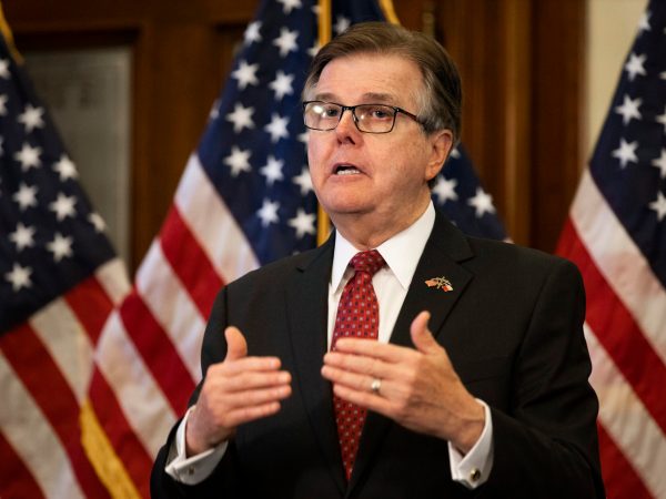 Texas Lt. Gov. Dan Patrick speaks after Texas Governor Greg Abbott announced the reopening of more Texas businesses during the COVID-19 pandemic at a press conference at the Texas State Capitol in Austin on Monday, May 18, 2020. Abbott said that childcare facilities, youth camps, some professional sports, and bars may now begin to fully or partially reopen their facilities as outlined by regulations listed on the Open Texas website. (Lynda M. Gonzalez/The Dallas Morning News Pool)
