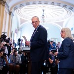 UNITED STATES - JULY 20: Senate Majority Leader Charles Schumer, D-N.Y., and Sen. Patty Murray, D-Wash., arrive for a news conference after the Senate Democratic policy luncheon in the Capitol on Tuesday, July 20, 2021. (Photo By Tom Williams/CQ Roll Call)