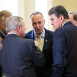 WASHINGTON, DC - JULY 9: (L-R) Sen. Angus King (I-ME), Sen. Dick Durbin (D-IL), Sen. Chuck Schumer (D-NY), Sen. Tom Carper (D-DE) and Sen. Joe Manchin (D-WV) speak with each other after a closed-door meeting with fellow Democratic Senators, on Capitol Hill, July 9, 2013 in Washington, DC. The senators fielded questions from the media on student loan legislation. (Photo by Drew Angerer/Getty Images)