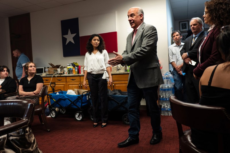 AUSTIN, TX - JULY 10: Texas state Rep. Chris Turner, D-Arlington, speaks to a group of people waiting to testify against renewed efforts by Texas Republicans to pass voting restrictions as state lawmakers hold committee hearings on election integrity bills at the State Capitol on July 10, 2021 in Austin, Texas. Hundreds of people signed up to testify before lawmakers as Texas Republicans move forward with their effort to overhaul the state's voting laws during the 87th Legislature's special session. (Photo by Tamir Kalifa/Getty Images)