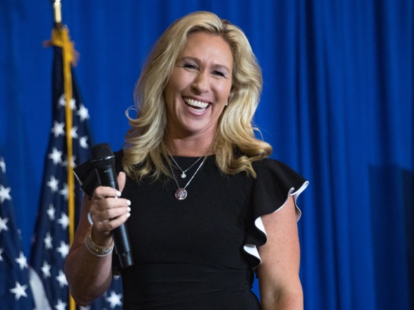 DALTON, GA - MAY 27: U.S. Rep. Marjorie Taylor Greene (R-GA) speaks at an ‘America First’ Rally on May 27, 2021 in Dalton, Georgia. “America First’ Rallies are hyper conservative right-wing Trump loyalists who gather in support of continuing his message. (Photo by Megan Varner/Getty Images)