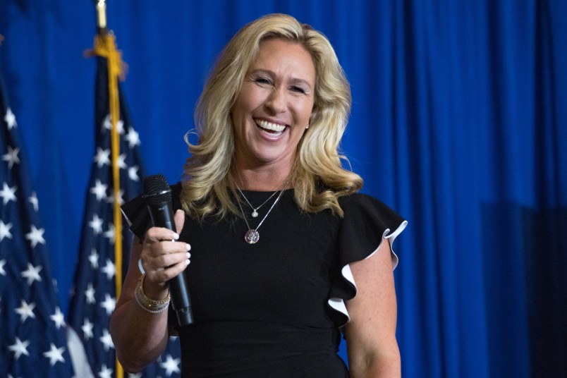 DALTON, GA - MAY 27: U.S. Rep. Marjorie Taylor Greene (R-GA) speaks at an ‘America First’ Rally on May 27, 2021 in Dalton, Georgia. “America First’ Rallies are hyper conservative right-wing Trump loyalists who gather in support of continuing his message. (Photo by Megan Varner/Getty Images)