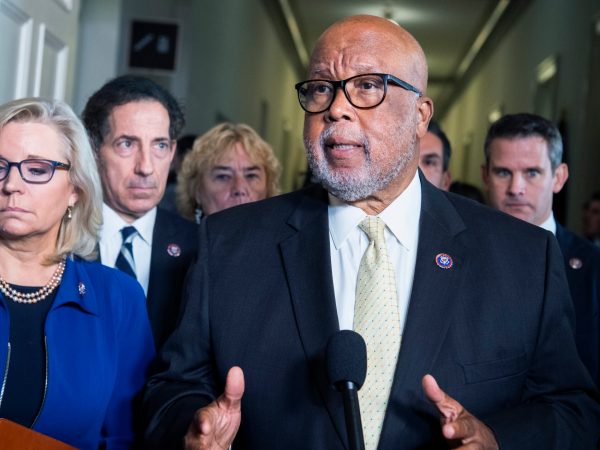 UNITED STATES - JULY 27: Chairman Bennie Thompson, D-Miss., addresses the media after the House Jan. 6 select committee hearing in Cannon Building to examine the January 2021 attack on the Capitol, on Tuesday, July 27, 2021. Also appearing from left are, Reps. Liz Cheney, R-Wyo., Jamie Raskin, D-Md., Zoe Lofgren, D-Calif., Pete Aguilar, D-Calif., and Adam Kinzinger, R-Ill. (Photo By Tom Williams/CQ Roll Call)
