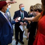 UNITED STATES - AUGUST 9: Sen. Richard Durbin, D-Ill., talks with reporters in the U.S. Capitol on Monday, August 9, 2021. (Photo By Tom Williams/CQ Roll Call)