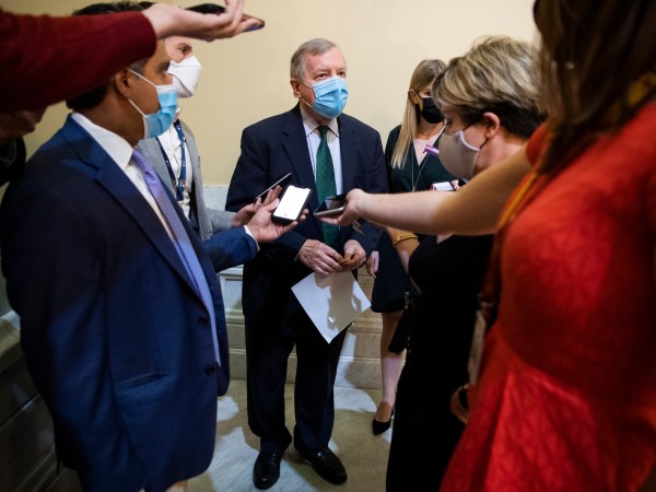 UNITED STATES - AUGUST 9: Sen. Richard Durbin, D-Ill., talks with reporters in the U.S. Capitol on Monday, August 9, 2021. (Photo By Tom Williams/CQ Roll Call)