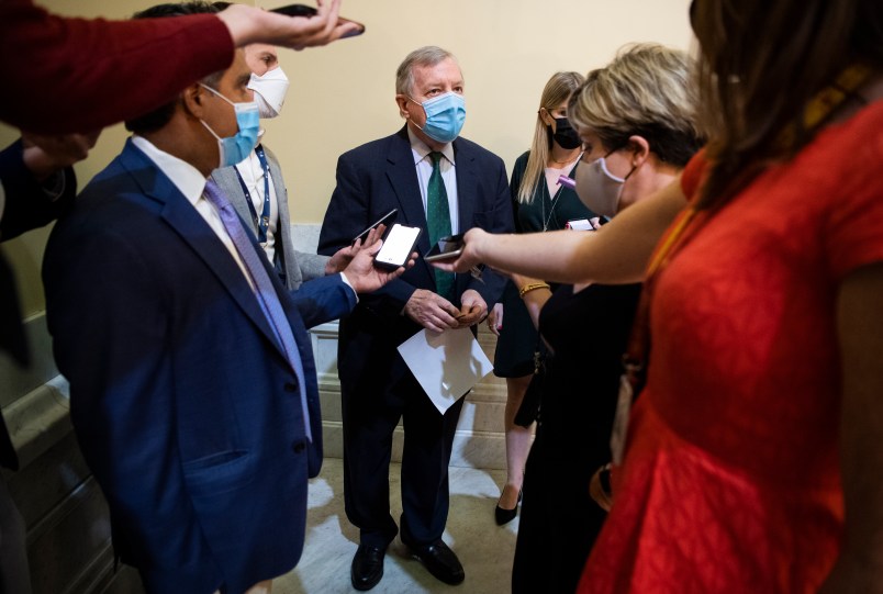 UNITED STATES - AUGUST 9: Sen. Richard Durbin, D-Ill., talks with reporters in the U.S. Capitol on Monday, August 9, 2021. (Photo By Tom Williams/CQ Roll Call)