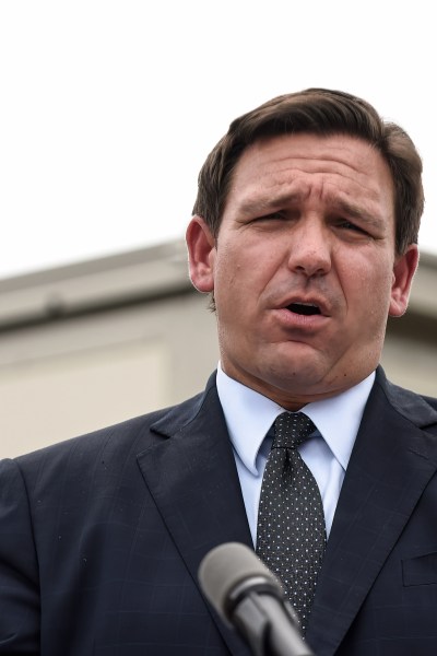 ORLANDO, FLORIDA, UNITED STATES - 2021/08/16: Florida Governor, Ron DeSantis holds a press conference to announce the opening of a monoclonal antibody treatment site to help COVID-19 patients recover at Camping World Stadium in Orlando. DeSantis stated that the site will offer the Regeneron treatment, and will operate 7 days a week, treating up to 320 patients a day. (Photo by Paul Hennessy/SOPA Images/LightRocket via Getty Images)