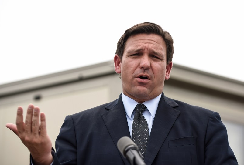 ORLANDO, FLORIDA, UNITED STATES - 2021/08/16: Florida Governor, Ron DeSantis holds a press conference to announce the opening of a monoclonal antibody treatment site to help COVID-19 patients recover at Camping World Stadium in Orlando. DeSantis stated that the site will offer the Regeneron treatment, and will operate 7 days a week, treating up to 320 patients a day. (Photo by Paul Hennessy/SOPA Images/LightRocket via Getty Images)