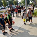 Students and parents wait outside Perry Elementary School on the first day of school. At Perry Elementary School in Shoemakersville, PA Thursday morning August 27, 2020 for the first day of in person school of the school year. The Hamburg School District, which Perry Elementary is part of, is the only school district in Berks County that is opening 5 days a week for in person instruction during the coronavirus / COVID-19 outbreak.