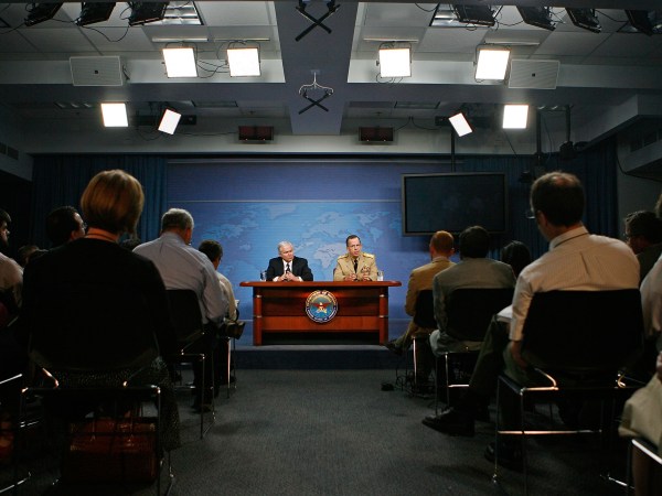 U.S. Secretary of Defense Robert Gates and Chairman of the Joint Chiefs of Staff Admiral Michael Mullen hold a news briefing at the Pentagon July 16, 2008 in Arlington, Virginia.