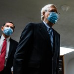 WASHINGTON, DC - FEBRUARY 12: Senate Minority Leader Mitch McConnell (R-KY) walks through the Senate subway on his way to the fourth day of the Senates second impeachment trial of former President Donald Trump at the U.S. Capitol on February 12, 2021 in Washington, DC. Trump’s defense team begins their presentation of the defense that Trump should not be held responsible for the January 6th attack at the U.S. Capitol on First Amendment grounds and the fact that he is no longer in office. (Photo by Samuel Corum/Getty Images) *** Local Caption *** Mitch McConnell