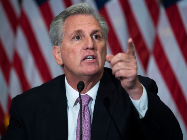 UNITED STATES - AUGUST 30: House Minority Leader Kevin McCarthy, R-Calif., makes remarks during a roundtable discussion with House Republican ranking members and veterans on the U.S. withdrawal from Afghanistan in the Capitol Visitor Center on Monday, August 30, 2021. (Photo By Tom Williams/CQ Roll Call)